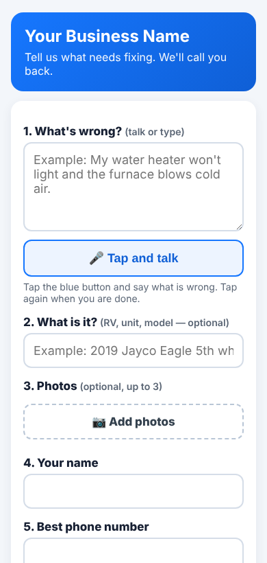 Customer request form with a Tap and talk button and photo upload